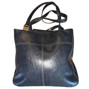 Crazy Horse Liz Claiborne Black Leather Tote Bag Gold Buckle Detail